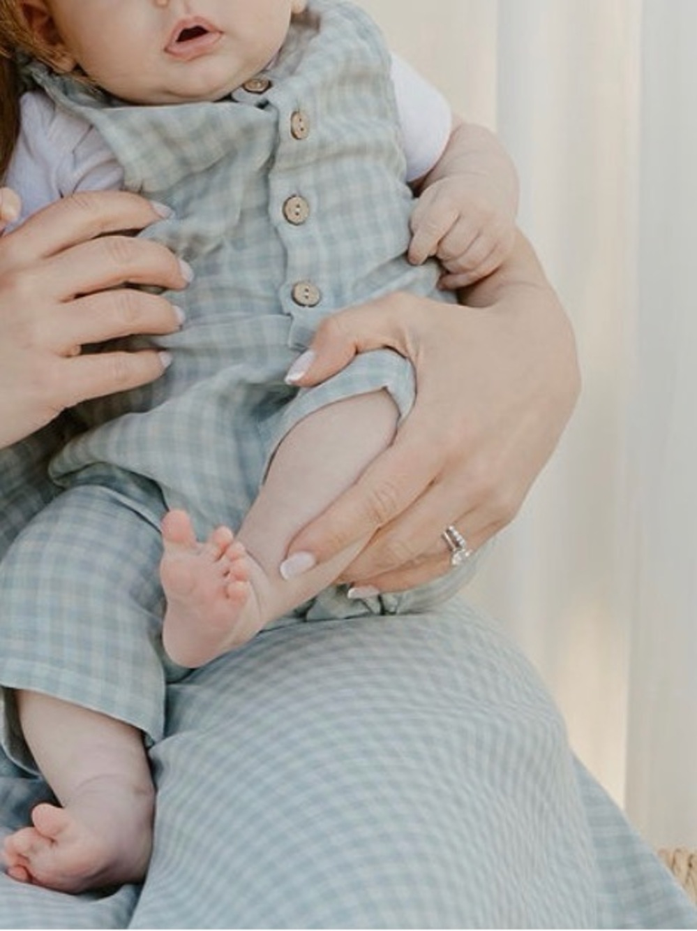 Rylee and Cru Baby Gingham Button Romper in Soft Sage